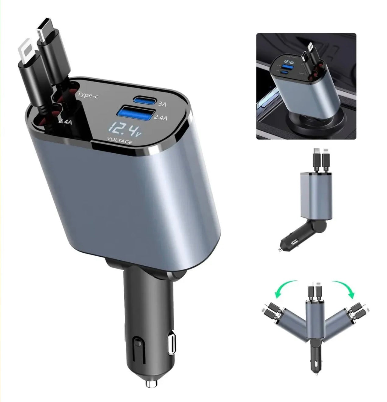 Cargador Retráctil para Auto USB-C 12V